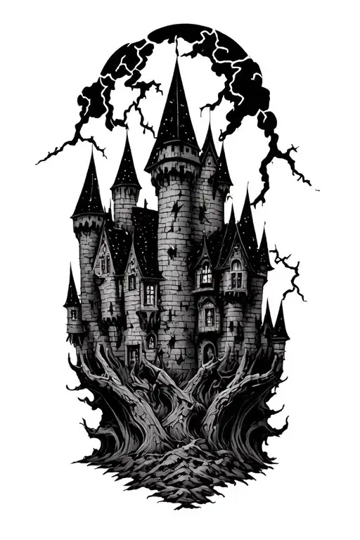 A Midevil Castle in a lightning storm in the style of black metal album covers tattoo design idea