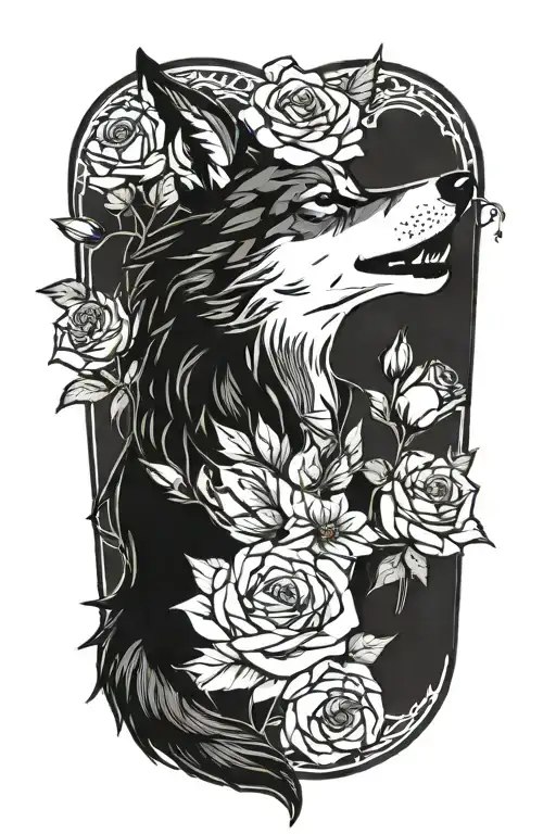 a wolf eating a bouquet of roses tattoo design idea