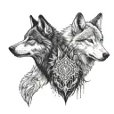 two wolves looking at each other. standing opposite and looking at each other. one of them white colour tattoo design idea