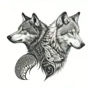 two wolves looking at each other. standing opposite and looking at each other. one of them white colour tattoo design idea