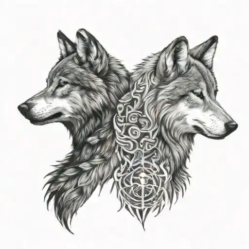 two wolves looking at each other. standing opposite and looking at each other. one of them white colour tattoo design idea