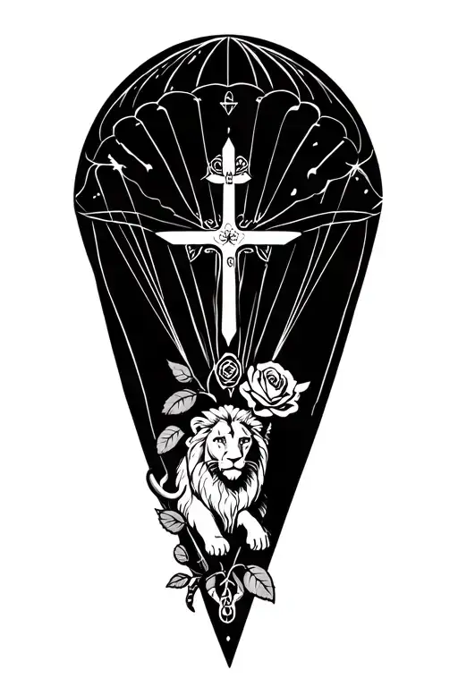 Cordist, Lorraine Cross, mountain, Astrolo Lion and Bellery sign, a parachute, virgin and carabiner, rose of the winds tattoo design idea