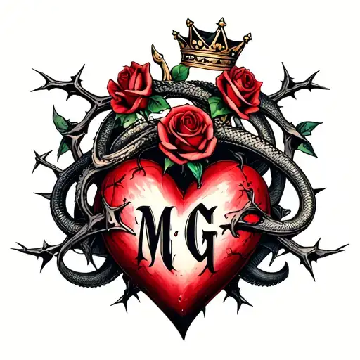 "M G" Gothic-style heart entangled with thorns, topped with a crown, four roses, and two angry snakes with Gothic-style letter tattoo design idea