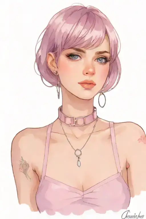 sissy slave pink leather collar with chain leash pixie cut chestnut brown hair blue eyes flat chest tattoo design idea