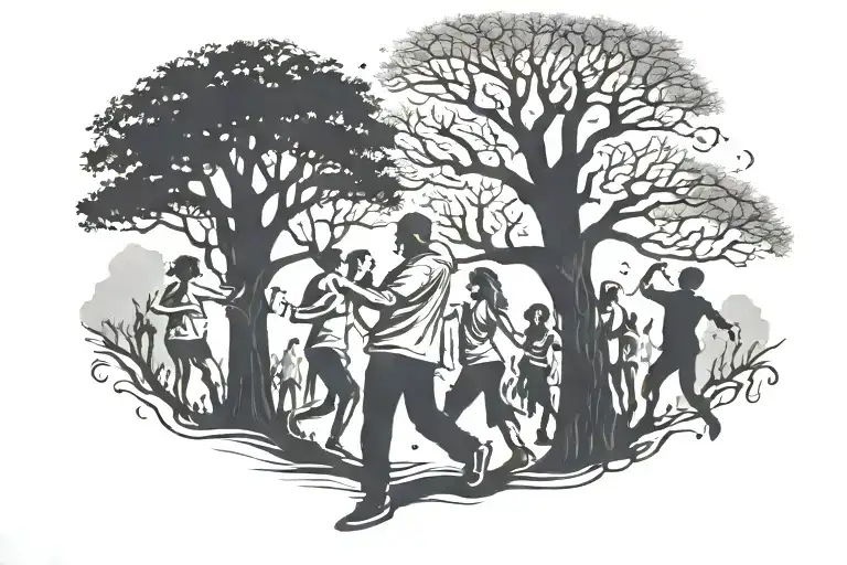people dancing at a rave around a tree at night tattoo design idea