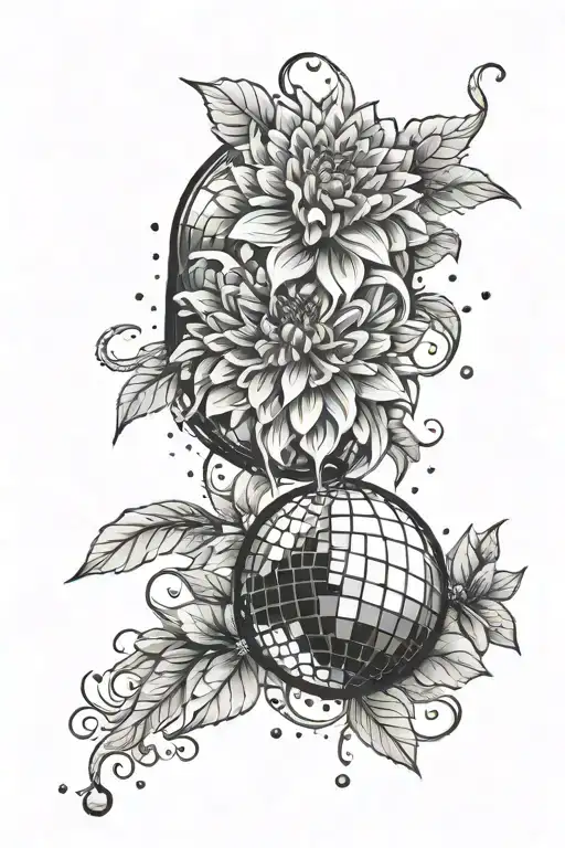 disco ball surrounded by dahlia flowers tattoo design idea