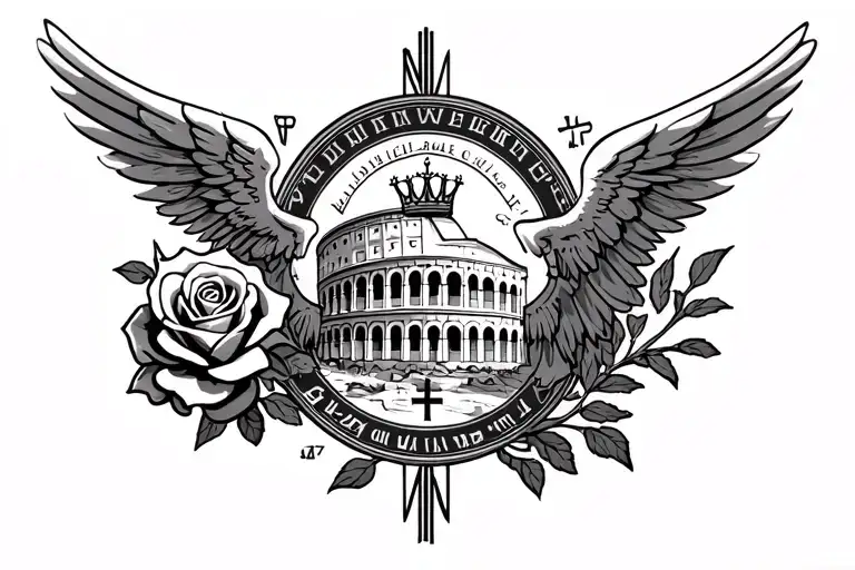 Angel with a a rose a crown and wings on a colosseum with a Greek background with a cross as well as Roman numerals arou tattoo design idea