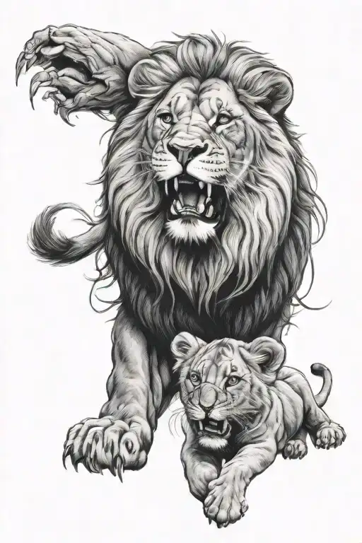 lion and a cub roaring calmly tattoo design idea