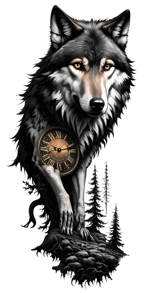 wolf's and clock with trees growing tattoo design idea