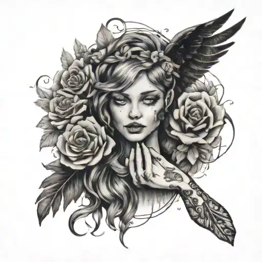 the words  "That she can take this life and hold it by the hand And she can great the world with arms wide open" in bold tattoo design idea