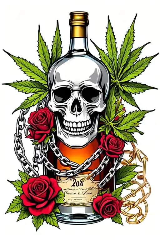 skull, music, marijuana foliage, roses, a bottle of cognac, chains tattoo design idea