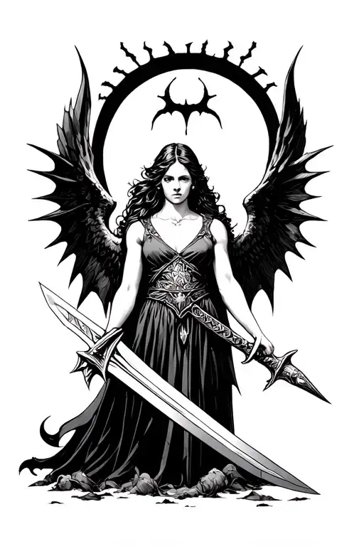 arch angel, sword, still I rise, bat wings, travel tattoo design idea