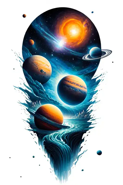 a universe with alot of planets flowing down a nebula, the planets are inside the river tattoo design idea