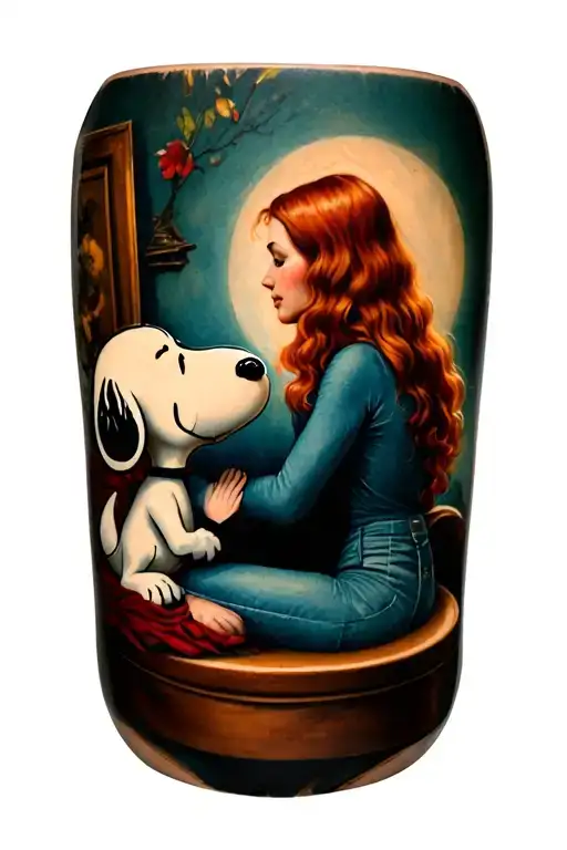 snoopy laying head on red headed woman's lap facing eachother tattoo design idea