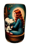 snoopy laying head on red headed woman's lap facing eachother tattoo design idea