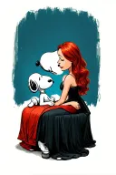 snoopy laying head on red headed woman's lap facing eachother tattoo design idea