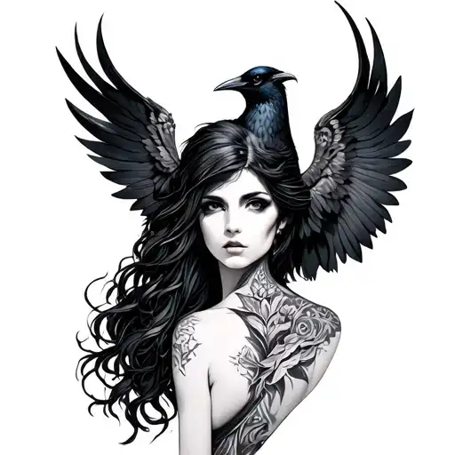 nyx goddess with crow tattoo design idea