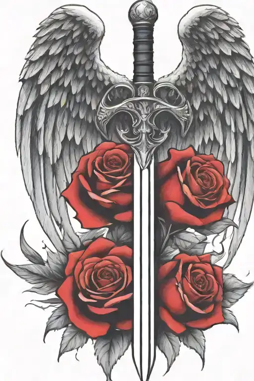 angel wings behind a sword, roses tattoo design idea