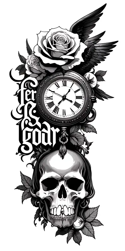"fear god 2002"  rose, skull, clock , angels tattoo design idea