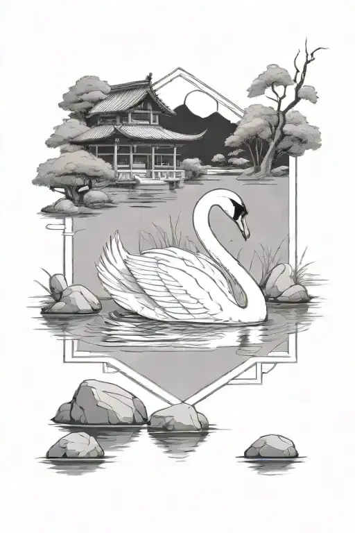 A white swan in a rectangular frame next to a Japanese house and below it a pond of water and stones tattoo design idea