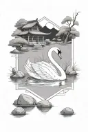 A white swan in a rectangular frame next to a Japanese house and below it a pond of water and stones tattoo design idea