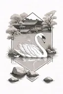 A white swan in a rectangular frame next to a Japanese house and below it a pond of water and stones tattoo design idea