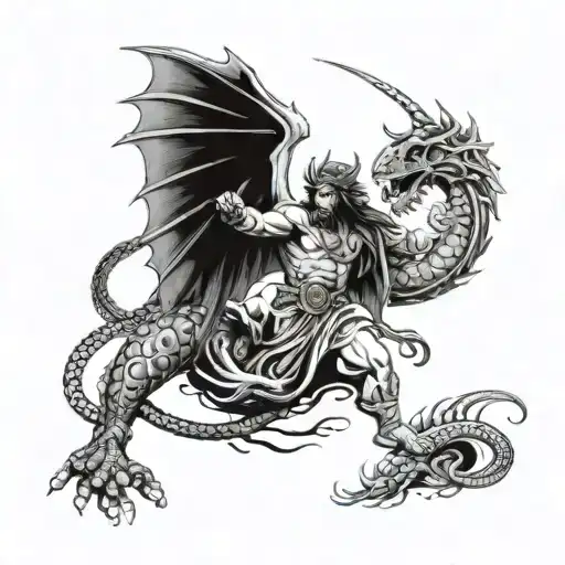 A tattoo design combining elements of Greek mythology and mixed martial arts, featuring a warrior battling a mythical creature like a dragon or serpent tattoo design idea