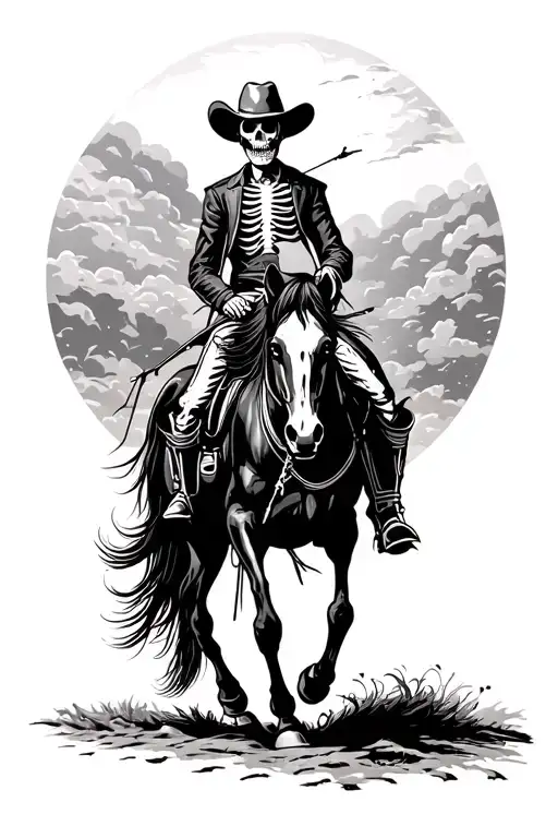 a skeleton cowboy riding a black horse that has all four hooves on the ground tattoo design idea
