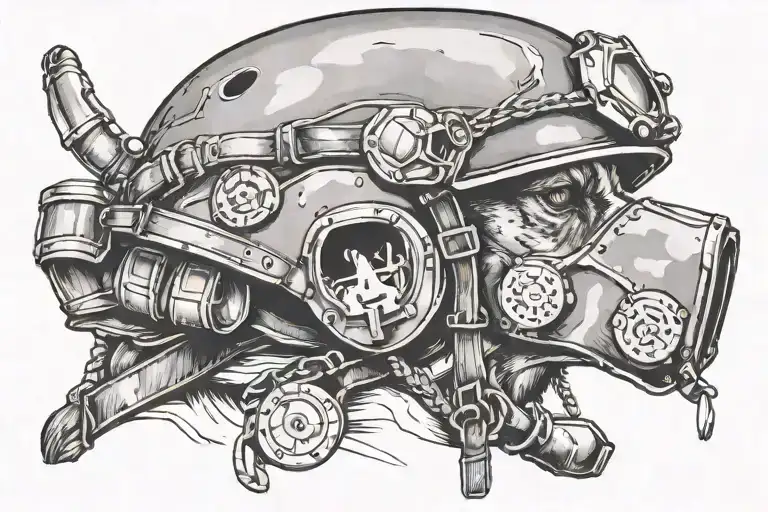 coalming  helmet with army dog tags wrapped loosely wrapped tattoo design idea