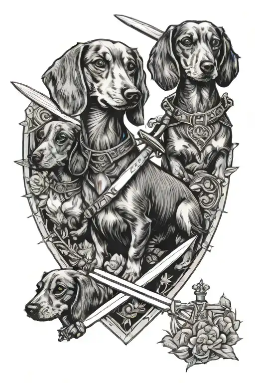 3 swords and dachshund family tattoo design idea