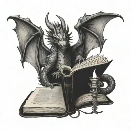 2 dragon and book open in front tattoo design idea