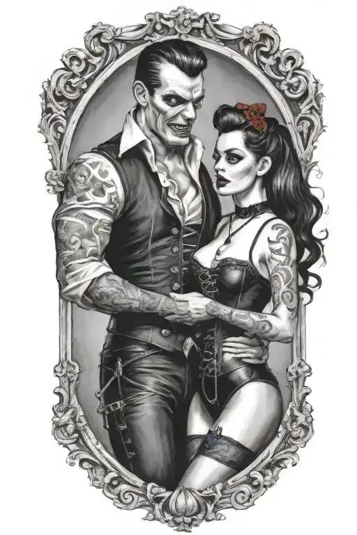 realistic scene of a gothic pinup girl waering corset and fishnets being bitten by a scary male vampire tattoo design idea