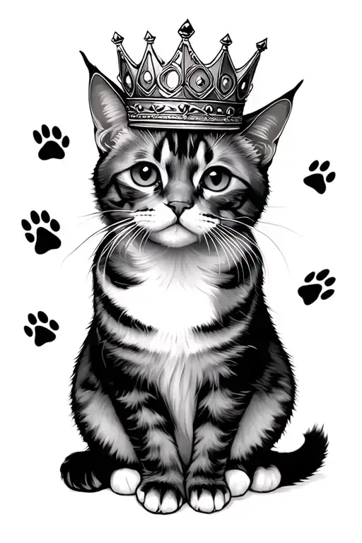 cat with crown and paw prints tattoo design idea