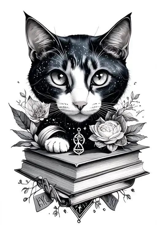 Create me a lower arm tattoo sleeve featuring elements of the following: charmed symbol, dark romance books, cats, space tattoo design idea