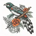 black and white quetzal bird sitting on branch with shading around  tattoo design idea