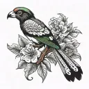black and white quetzal bird sitting on branch with shading around  tattoo design idea