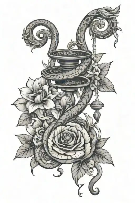 libra, snake, floral tattoo design idea