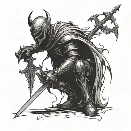 the knight is kneeling, holding a sword in his hand, and the silhouette of the devil is towering over him tattoo design idea