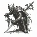 the knight is kneeling, holding a sword in his hand, and the silhouette of the devil is towering over him tattoo design idea