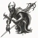 the knight is kneeling, holding a sword in his hand, and the silhouette of the devil is towering over him tattoo design idea