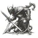the knight is kneeling, holding a sword in his hand, and the silhouette of the devil is towering over him tattoo design idea