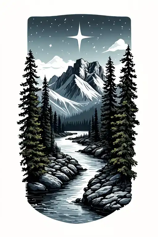 glacier national park minimalist with pine trees, stars, and river tattoo design idea