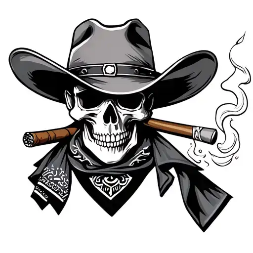 Tattoo of cowboy skull smoking a cigar and wearing a cowboy hat and blurryface bandana tattoo design idea