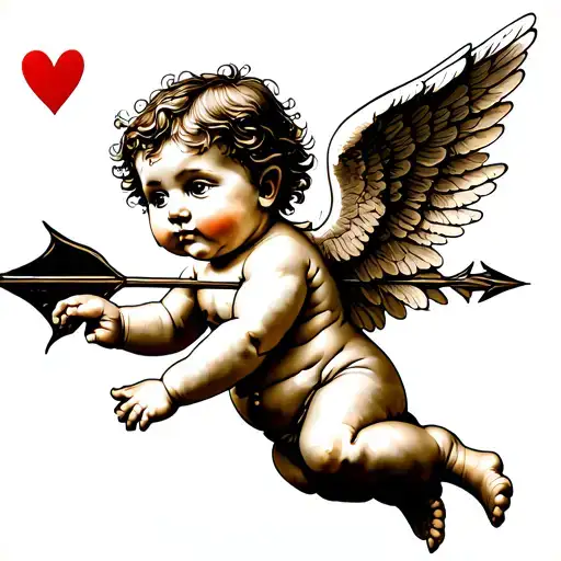 Cupid cherub baby shooting a heart arrow vertical spine tattoo tattoo design idea
