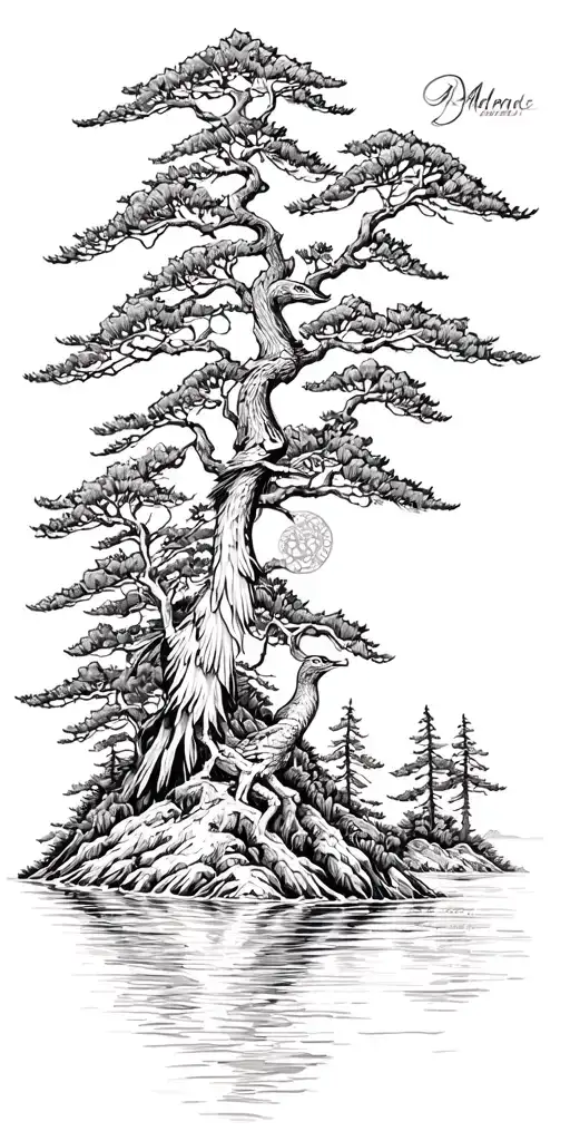 mountian,running water, cypress trees, crane tattoo design idea