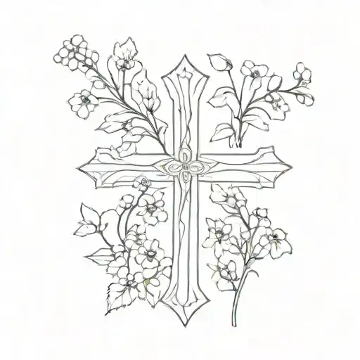 minimalist line art cross with 5 simple forget me nots surrounding no leaves tattoo design idea