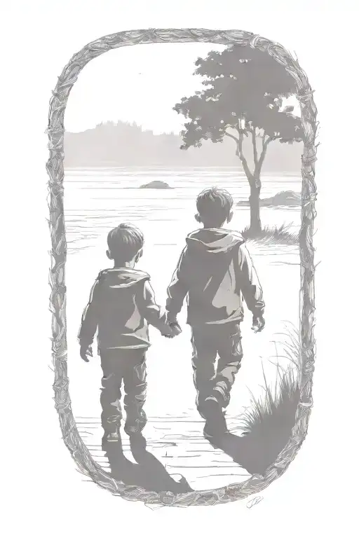siloutte of an older brother and younger brother walking away hand in hand tattoo design idea