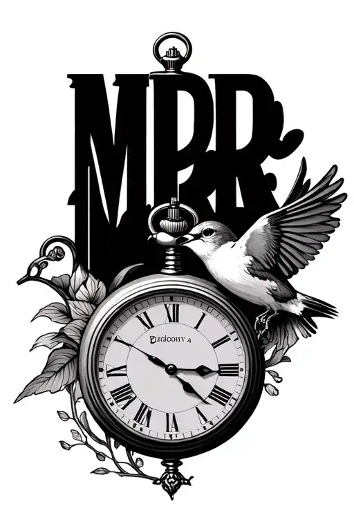 "MPR" pocket watch and swallow bird tattoo design idea