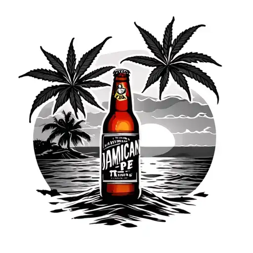 jamican beach with sunset weed red tripe beer bottle tattoo design idea