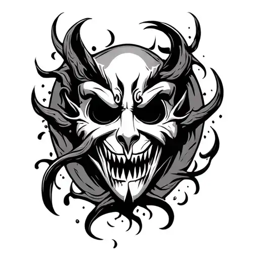 dark evil dangerous mask surrounded tattoo design idea